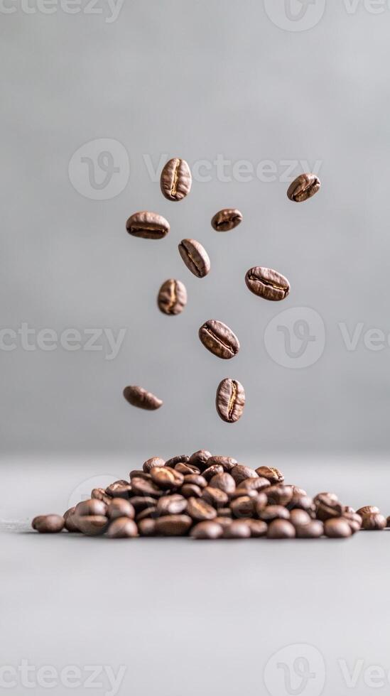 Coffee Beans in Super Slow Motion Falling on a Heap Captured with Probe Lens for Dynamic Motion and Texture in Kitchen or Coffee Shop Settings photo