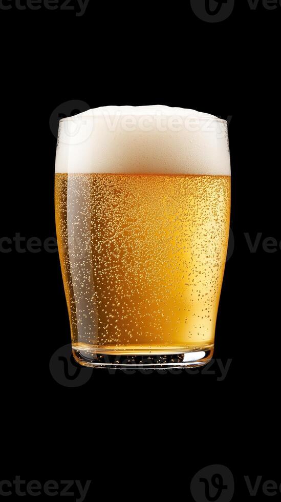 Refreshing Glass of Golden Beer with Frothy Head and Bubbles Representing a Classic Beverage for Celebrations and Parties on a Black Background Perfect for Autumn and Oktoberfest Themes photo