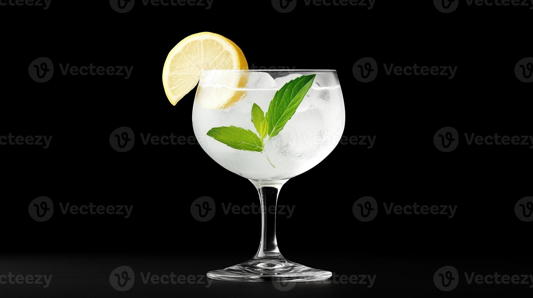 Refreshing Gin Tonic With Lemon Slice And Ice Cubes On Black Background Highlighting Elegance In Classic Drink Presentation For Modern Bar Concepts And Beverage Design Trends In 2023 photo