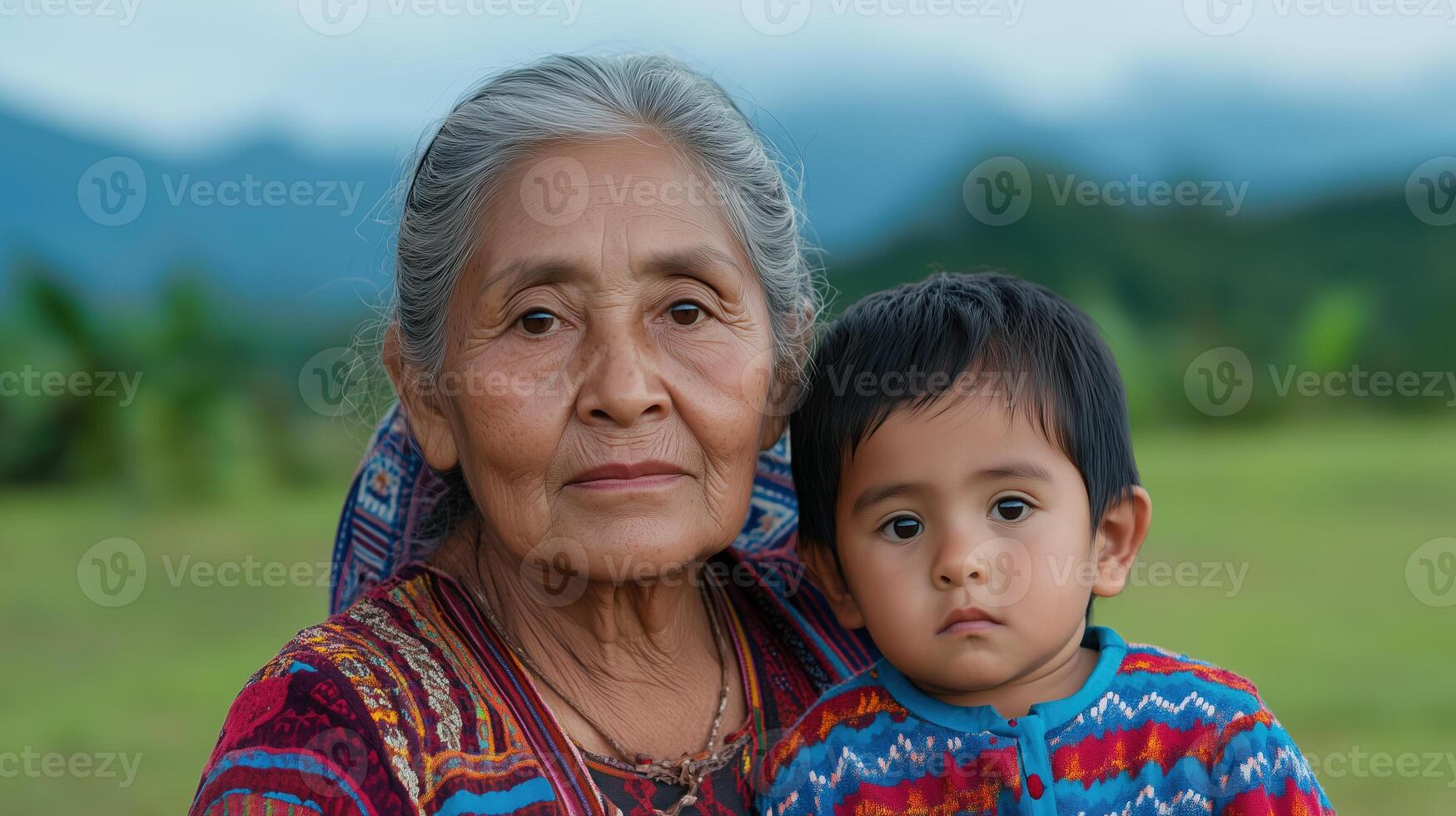 Grandmother Teaching Tradition to Young Child in Vibrant Clothing Outdoors, Emphasizing Cultural Heritage and Generational Connection in Natural Setting photo