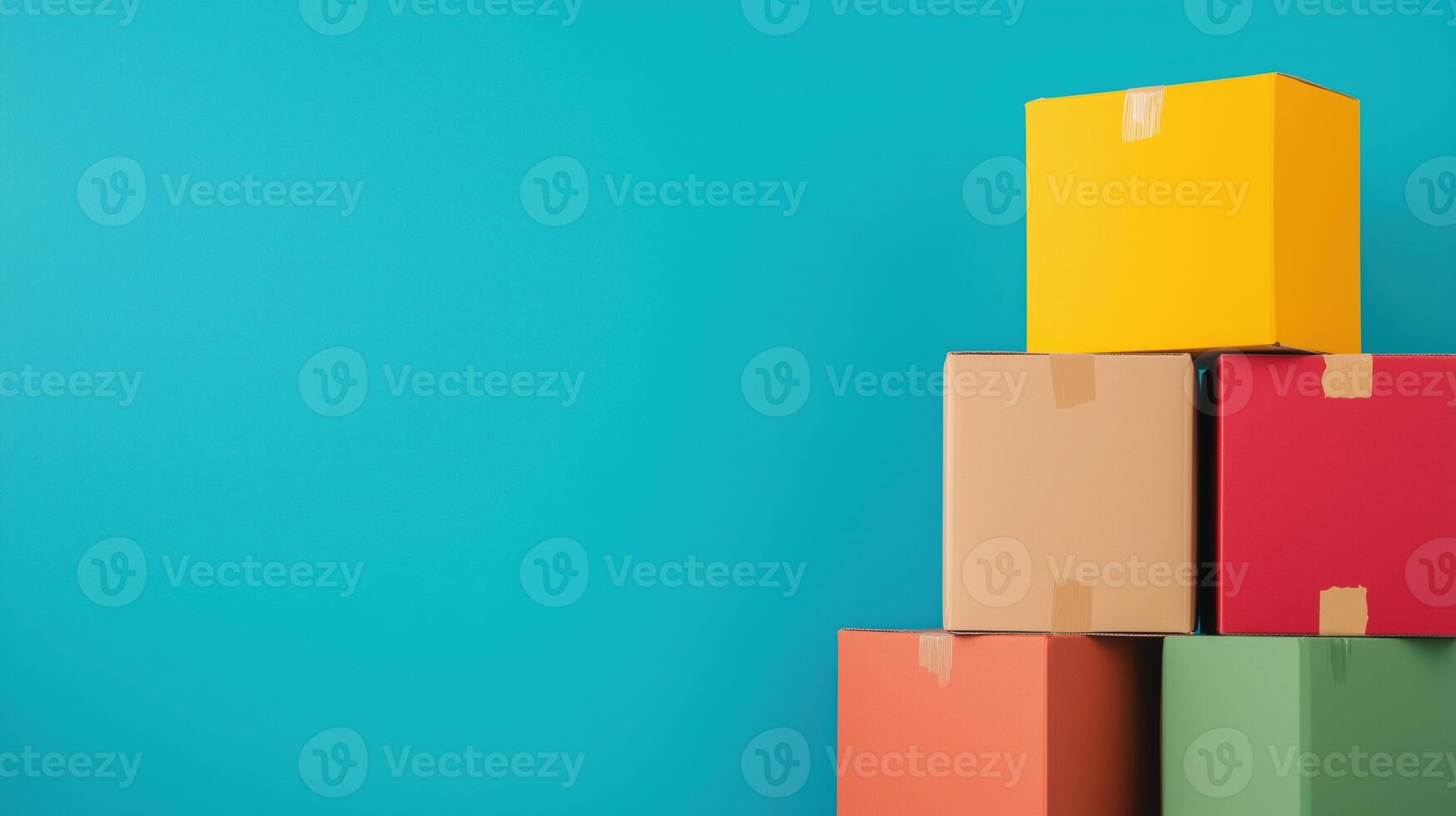 Colorful Cardboard Boxes Stacked Against Bright Blue Background for Shipping and Delivery Concept Highlighting Storage and Organization in Vibrant Minimalist Design with Bold Color Palette photo