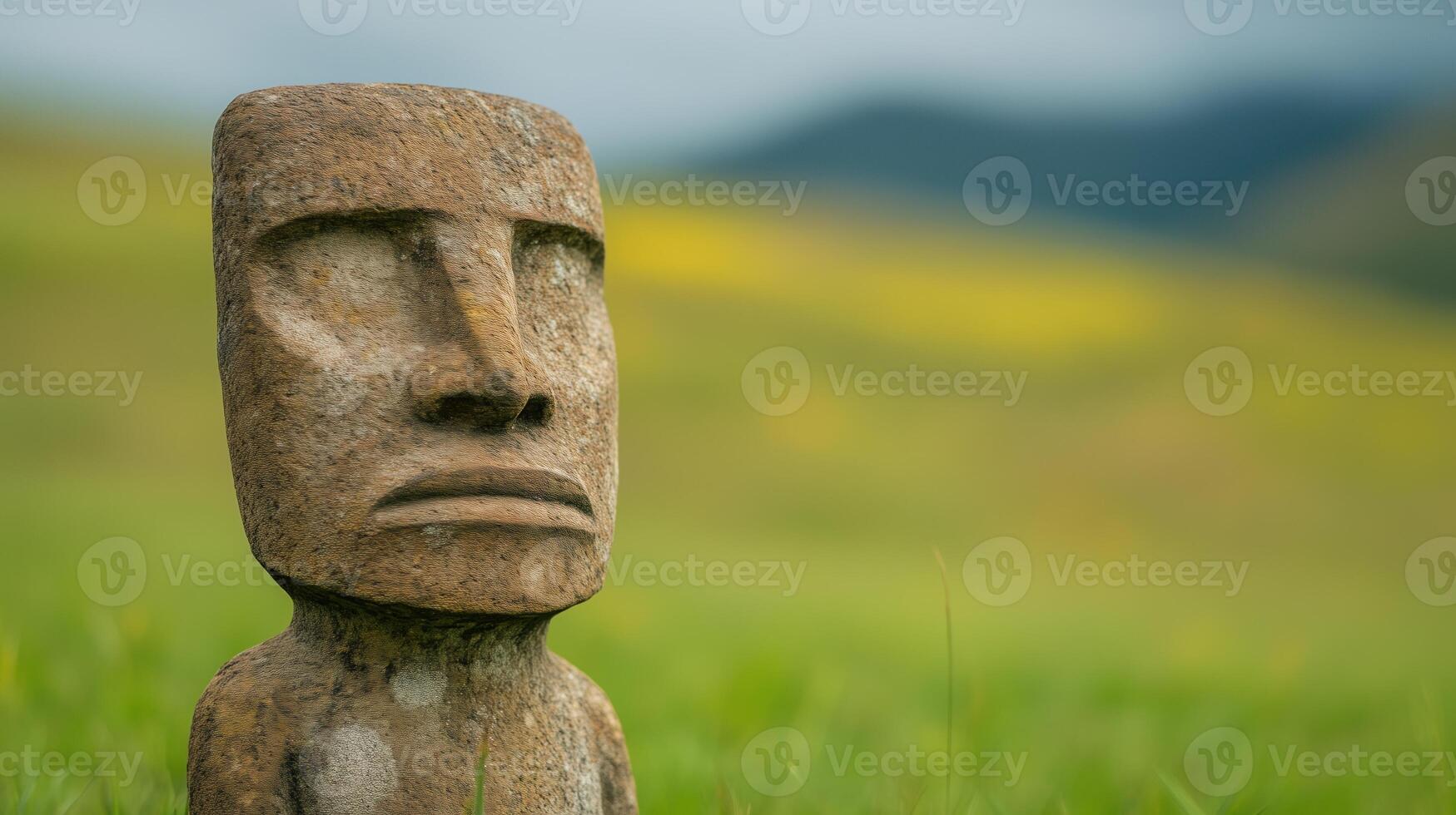Ancient Stone Idol Standing In Lush Green Field With Mountains In Background Reflecting Cultural Heritage And Peruvian Tradition Under Moody Sky In Artistic Composition photo