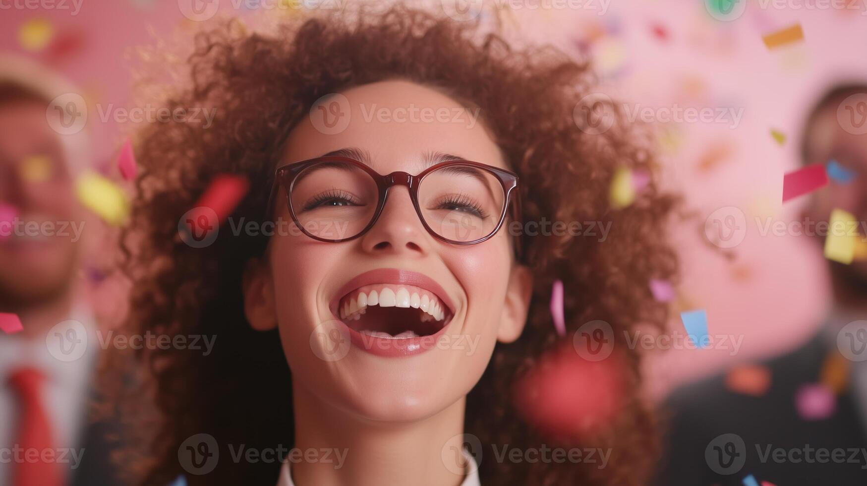 Joyful Group Celebration With Confetti Falling and Professionals Smiling in Festive Atmosphere for Workplace Event or Holiday Cheerful Gathering Happiness Dynamic Energy photo