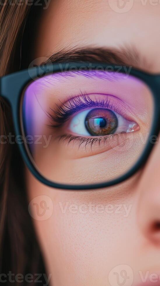 Close Up Portrait of Person Wearing Glasses with Reflective Lens Showing Digital Screen in Urban Setting for Modern Technology Concept photo