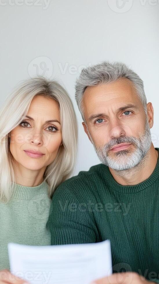 Middle Aged Couple Discussing Financial Issues and Budgeting Challenges While Looking Concerned in a Home Setting to Highlight Economic Stress and Family Money Management Discussions photo