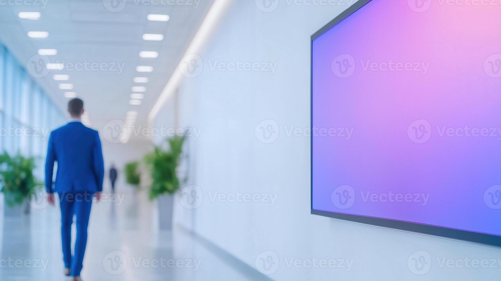Modern Office Building Lobby Interior With Digital Screen Display And Business Professional Walking Away In Bright Minimalist Space With Green Plants And Natural Light photo
