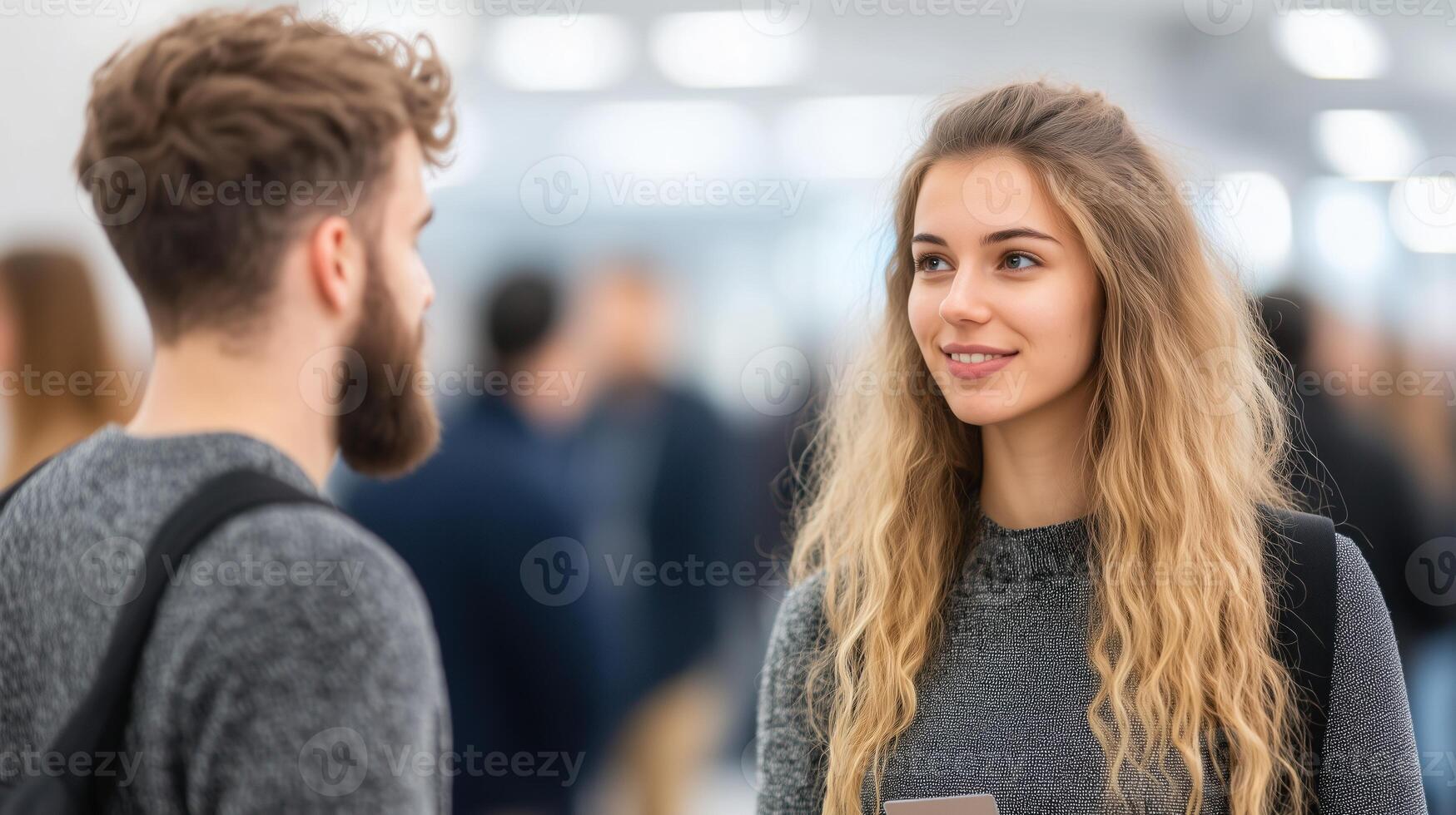 Conference Attendees Engaging in Networking in a Spacious Hall Setting with Modern Casual Attire and Open Floor Plan at Professional Event for Business Connections and Knowledge Exchange photo