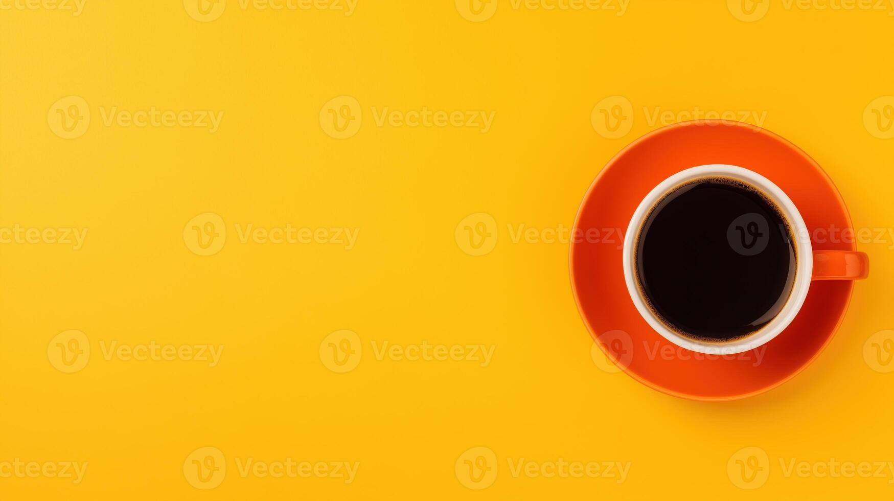 Orange Coffee Cup on Vibrant Yellow Background Minimalist Design with Black Coffee in Saucer Top View Kitchen Decor photo