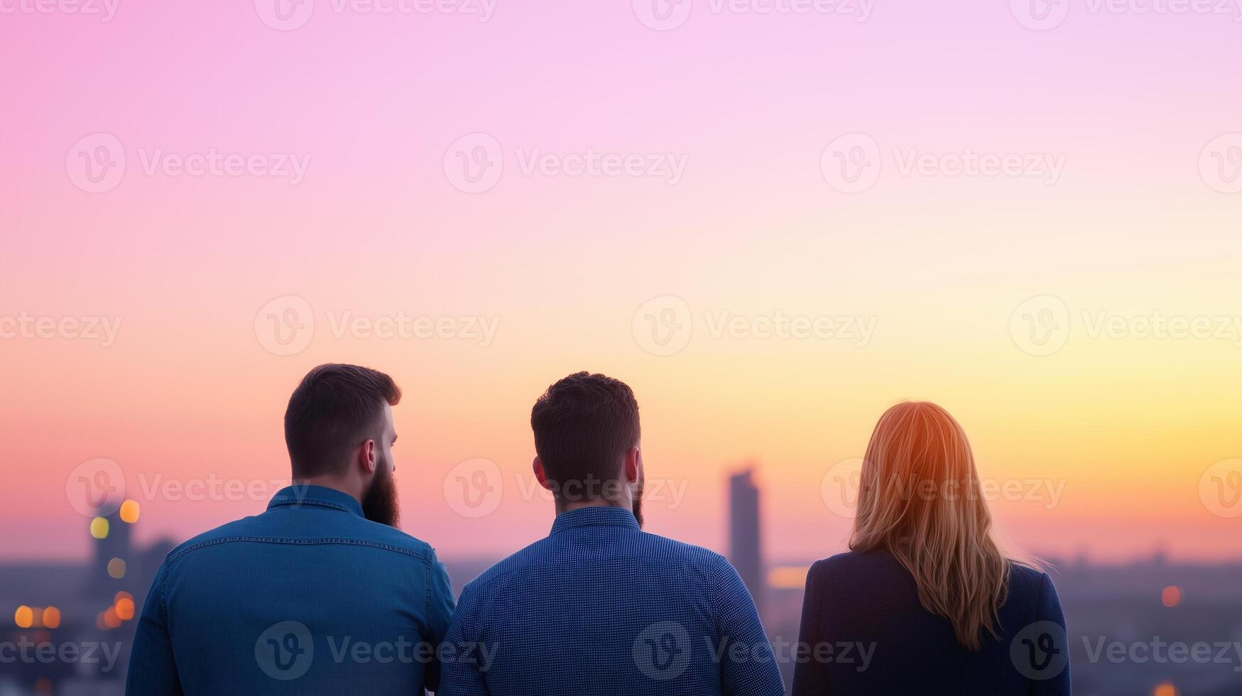 Entrepreneurs Collaborating on Rooftop at Sunset, Cityscape in Background, Creative Team Brainstorming New Ideas, Modern Business Concepts in Urban Setting, Professional Networking Event photo