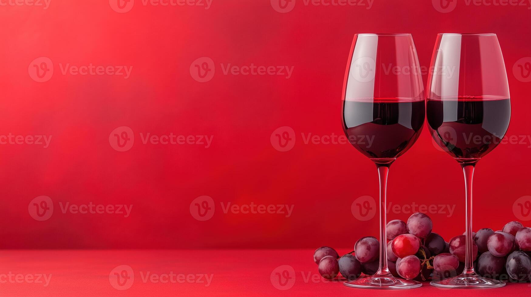 Elegant Red Wine Glasses With Grapes on Rich Red Background Perfect for Wine Tastings and Classy Celebrations photo