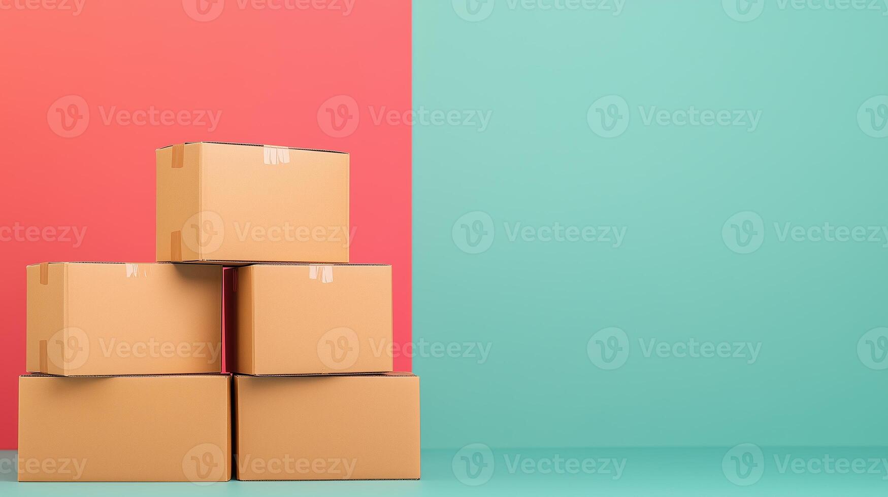 Stack of Branded Shipping Boxes on Colorful Background Ready for Labeling and Distribution in Trendy Bold Colors Perfect for E-commerce Packaging Design Concepts and Warehouse Logistics photo
