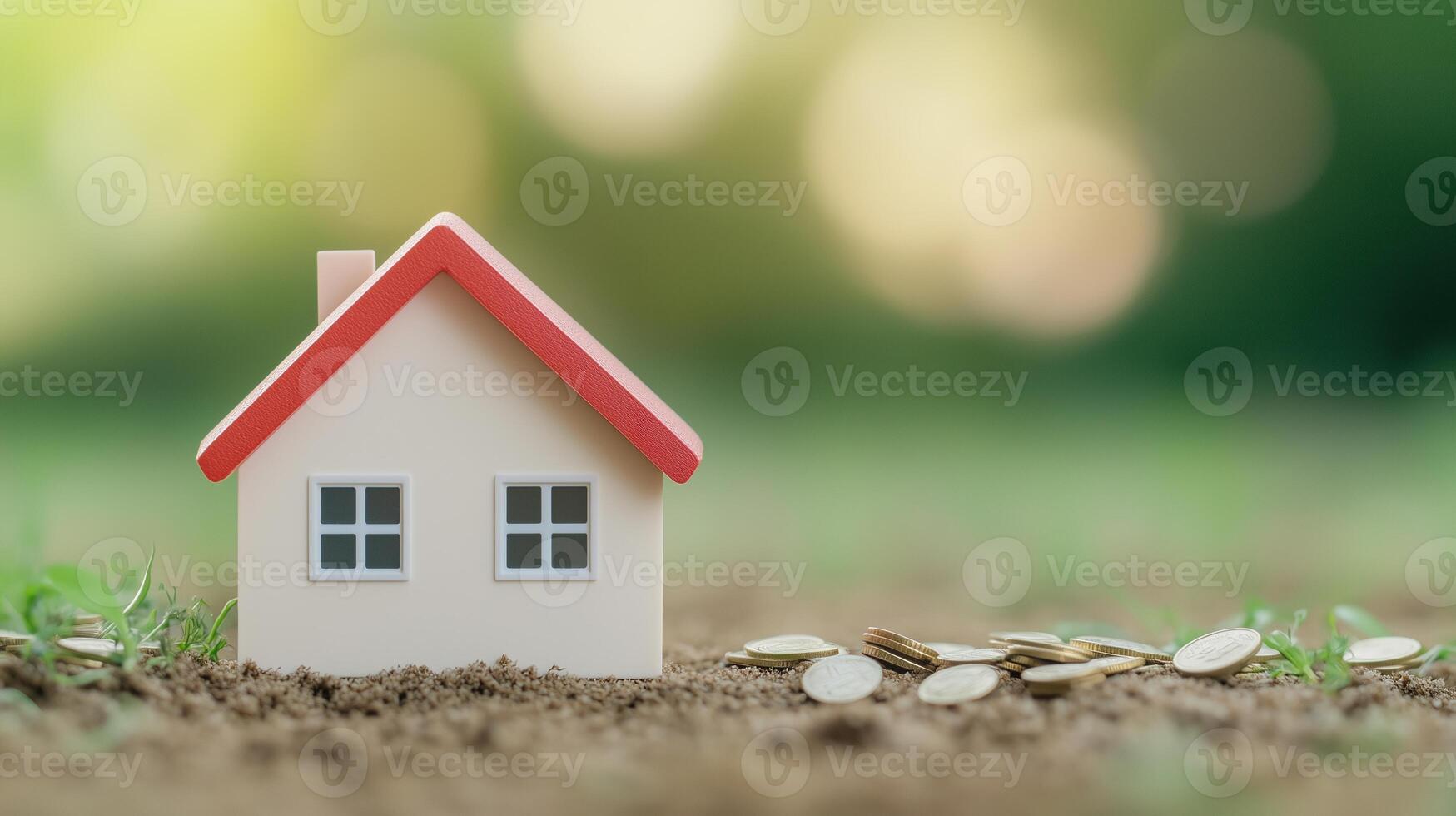 Small House Model with Red Roof on Soil with Money Coins Blurred Background Represents Real Estate Investment and Financial Opportunities Growth and Investment in Housing Market photo