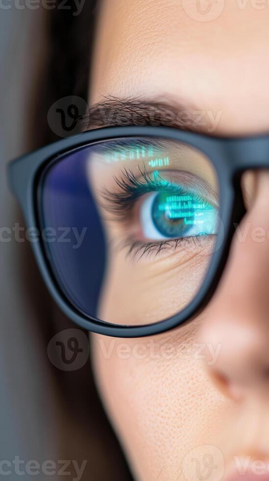 Close Up Portrait of Software Engineer With Glasses Reflecting Computer Code, Focused Gaze, Intense Look, Professional Setting, Technology Work Environment. photo