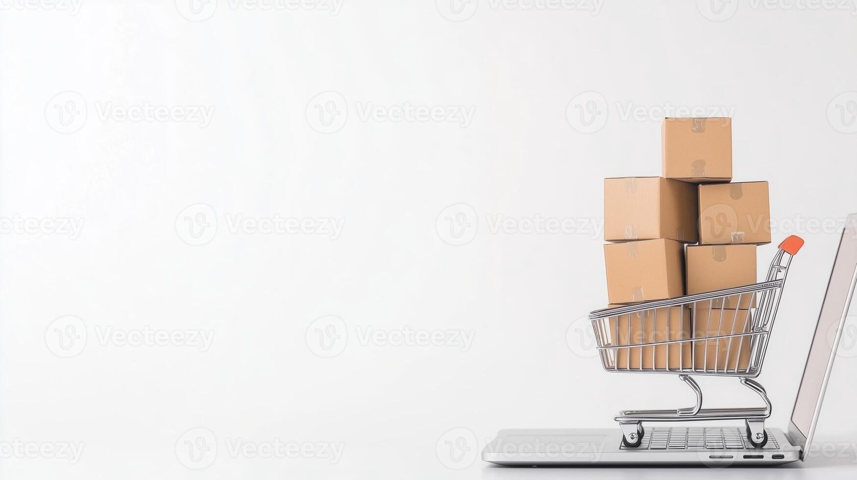 Shopping Cart with Cardboard Boxes on Laptop Keyboard for E-Commerce and Online Shopping Concepts in Modern Retail Business, Technology and Logistics, Minimalist Design, White Background photo