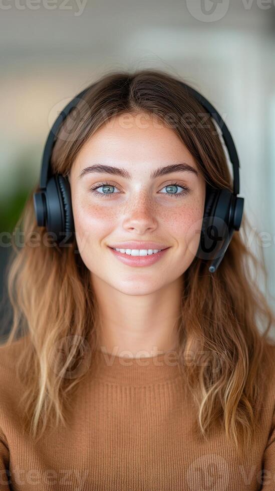 Happy Woman Consultant Working at Call Center Smiling with Headset in Modern Office Ready to Assist Clients with Professional Service and Support in Customer Relations and Communication Industry photo