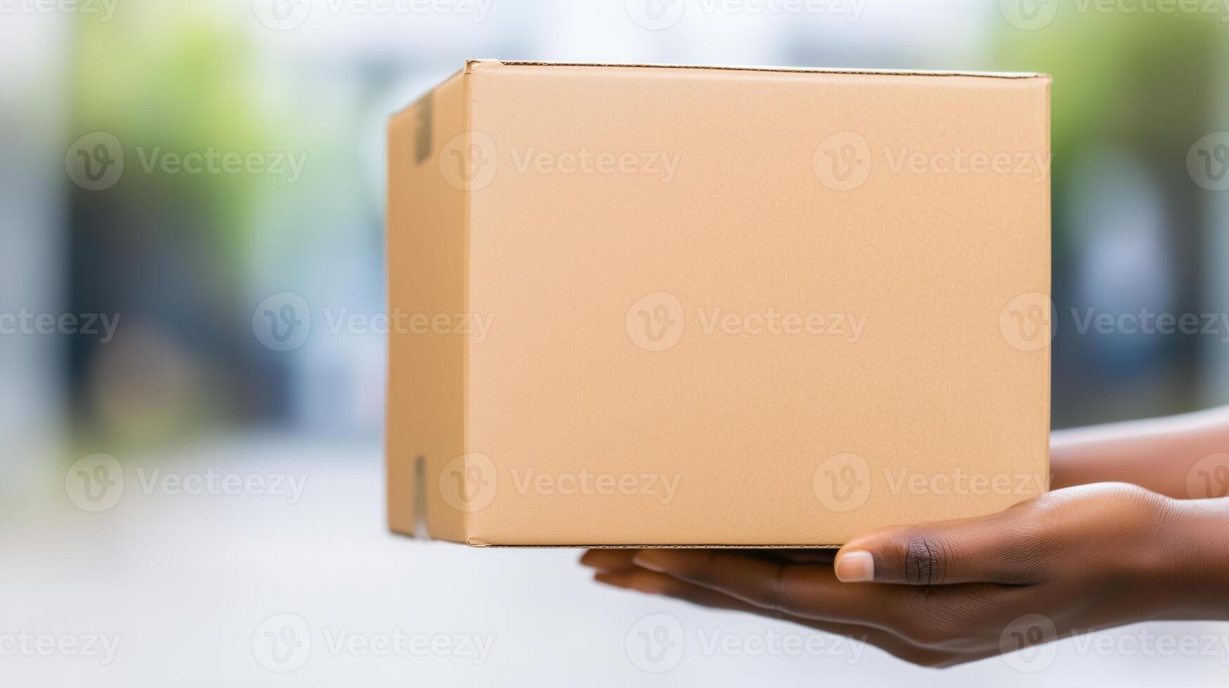 Hands Holding Shipping Box with Labels Highlighting Package Delivery and E-commerce Concept in Outdoor Setting with Green Background photo