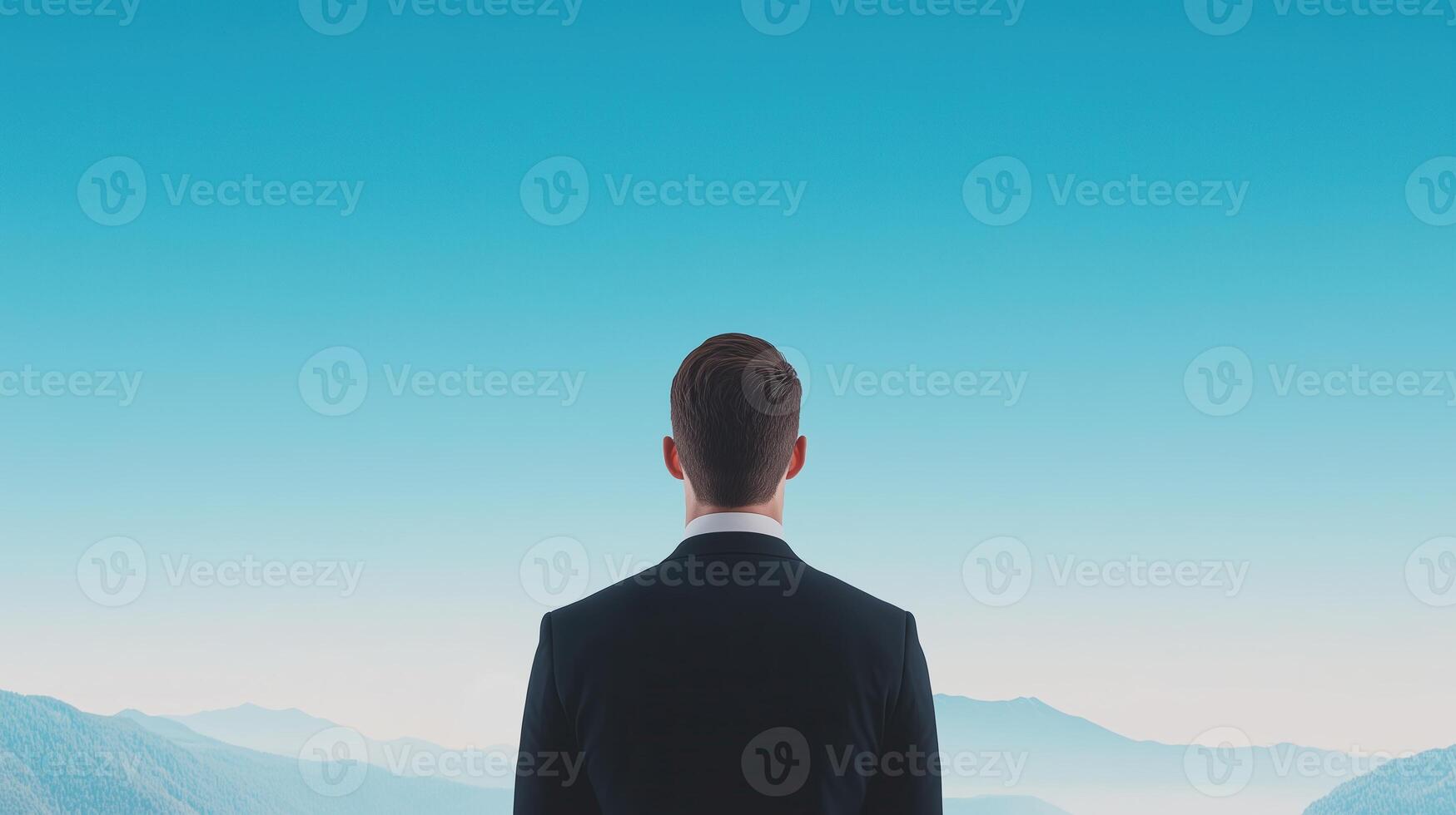 Businessman Looking Through a Telescope at the Starry Night Sky Symbolizing Future Vision and Aspirational Goals in a Serene Landscape with Clear Blue Skies photo