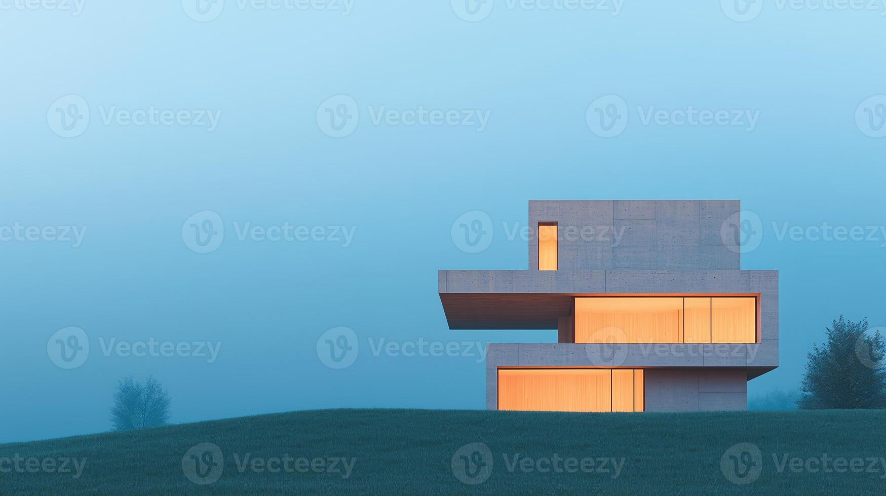 Modern Cubic House with Wooden Elements at Twilight Illuminated Against a Blue Sky and Lush Greenery, Showcasing Architectural Minimalism and Contemporary Design in a Serene Evening Landscape photo