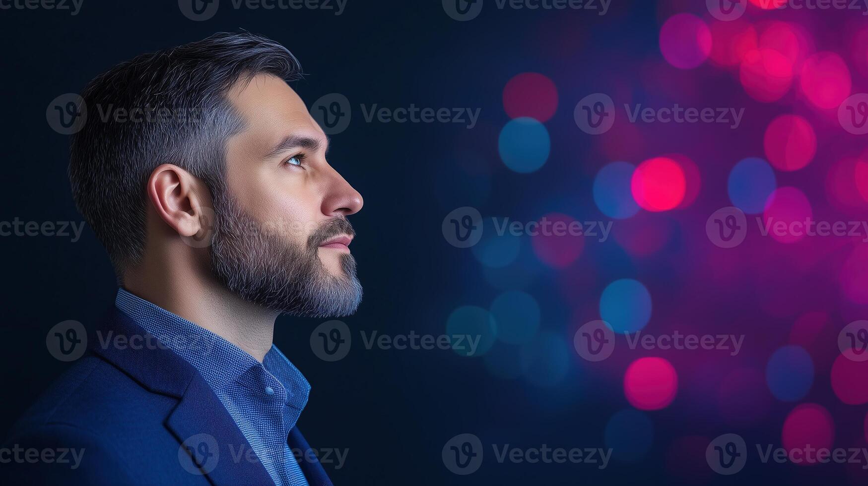 Business Analyst Using AI Technology for Trend Forecasting in Modern Office Setting with Futuristic Digital Interface and Abstract Bokeh Background for Innovation and Data Analysis Concept photo