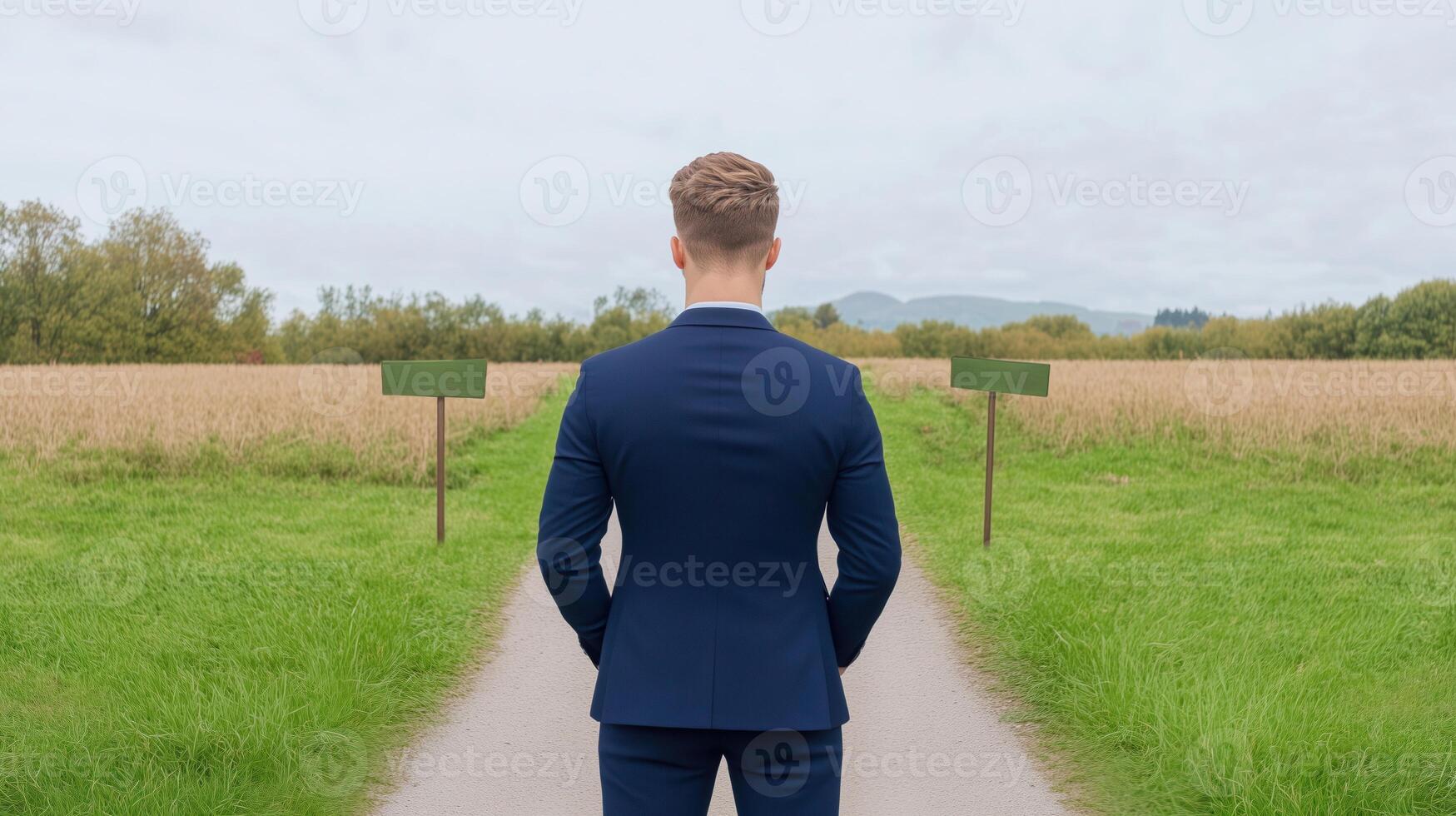 Businessman Standing at Fork in Road Wearing Blue Suit Facing Sign Choices in Lush Green Landscape with Trees photo