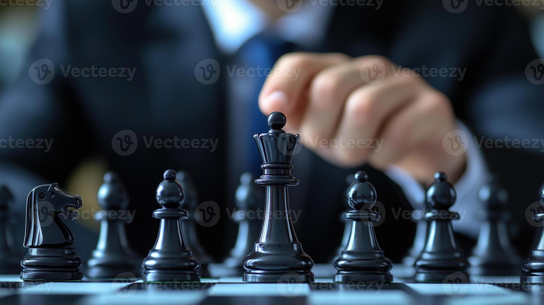 Businessman Strategizing Chess Move for Development and Growth with Focus on Queen and Pawns in Corporate Setting photo