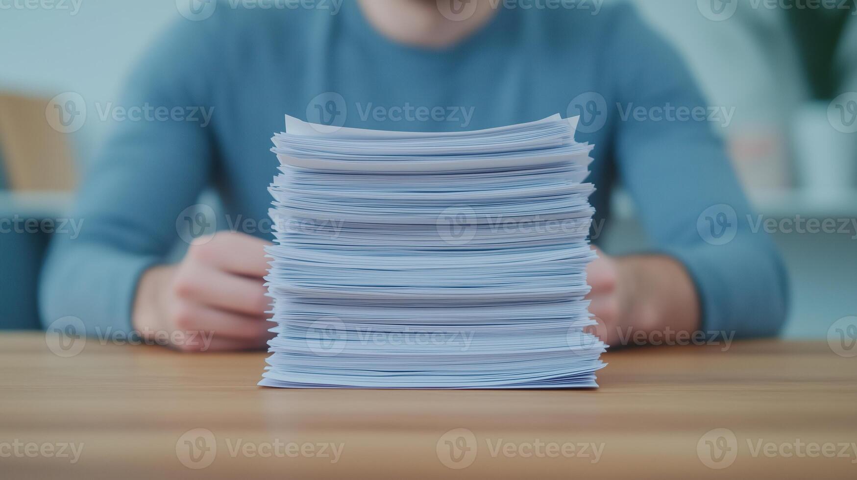 Stack of Paperwork on Desk with Person Sitting Behind in Blue Shirt Home Office Organization photo