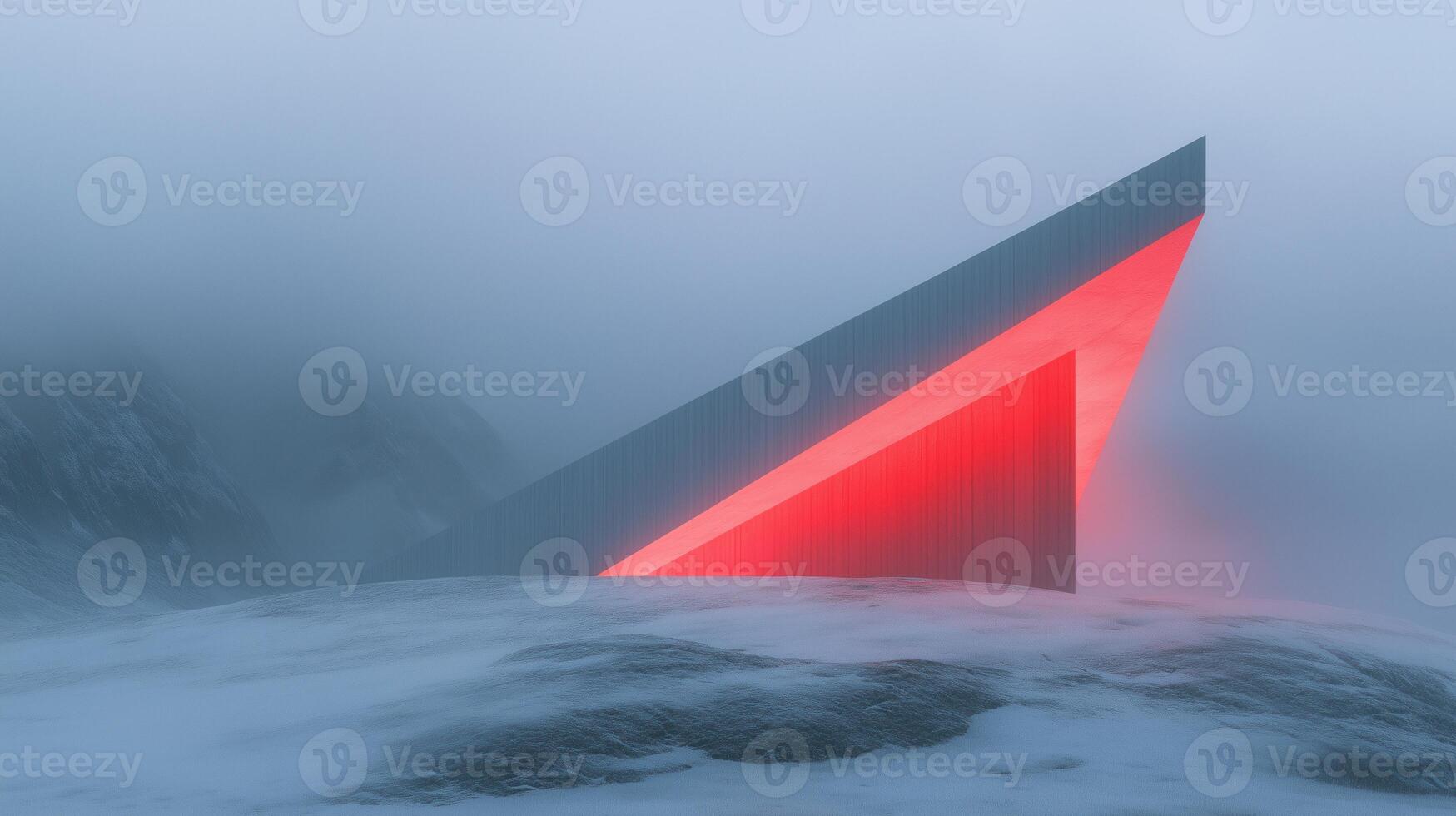 Futuristic Lighted Trapeze Building Amid Foggy Mountainscape Featuring Neon Red Geometric Shapes in Winter Scene for Modern Design and Architecture Enthusiasts and Abstract Art Lovers photo