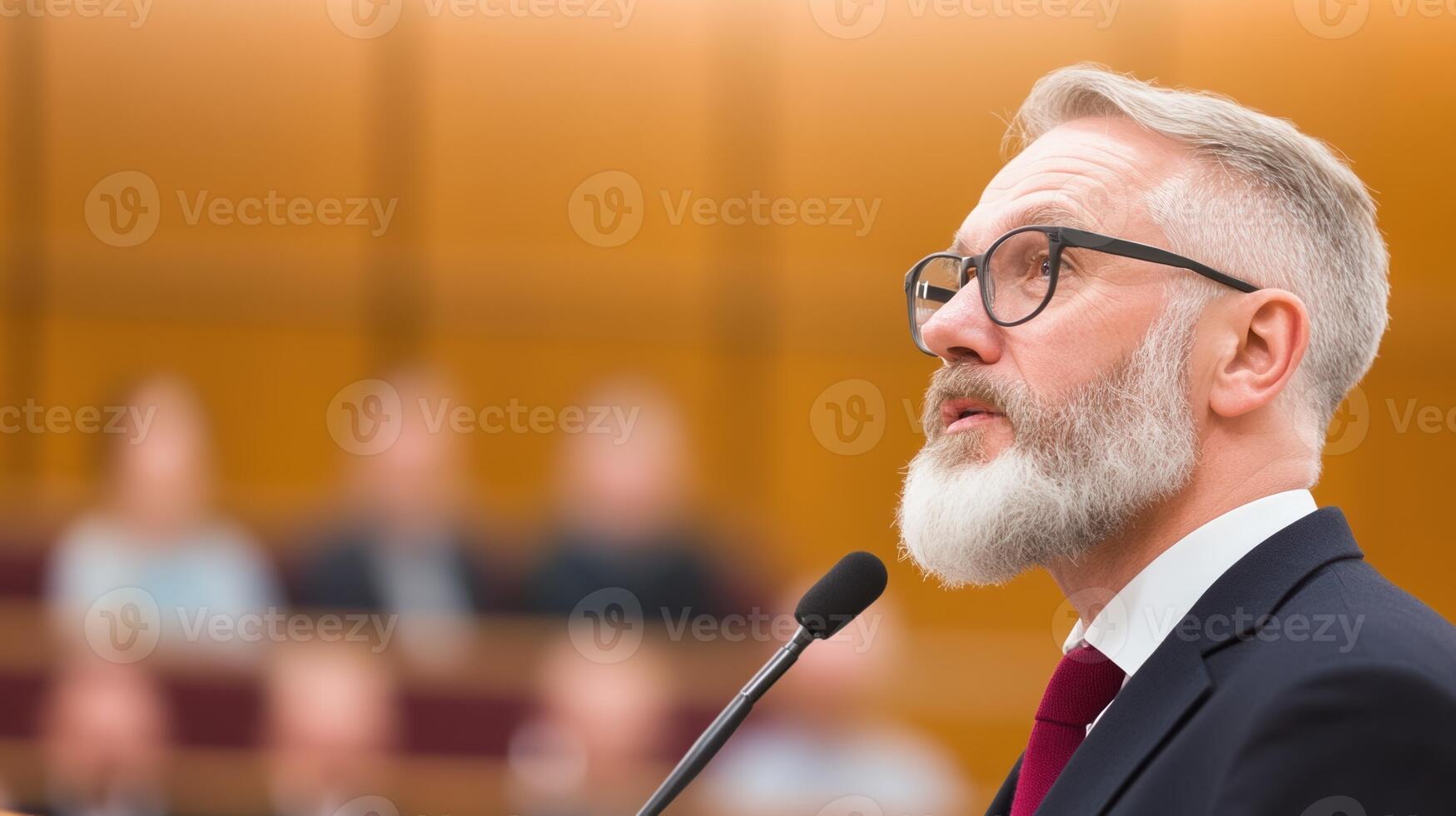 Business Leader Delivering Inspiring Speech at Conference Podium in Professional Setting with Audience Engagement and Thought Leadership Focused Event photo
