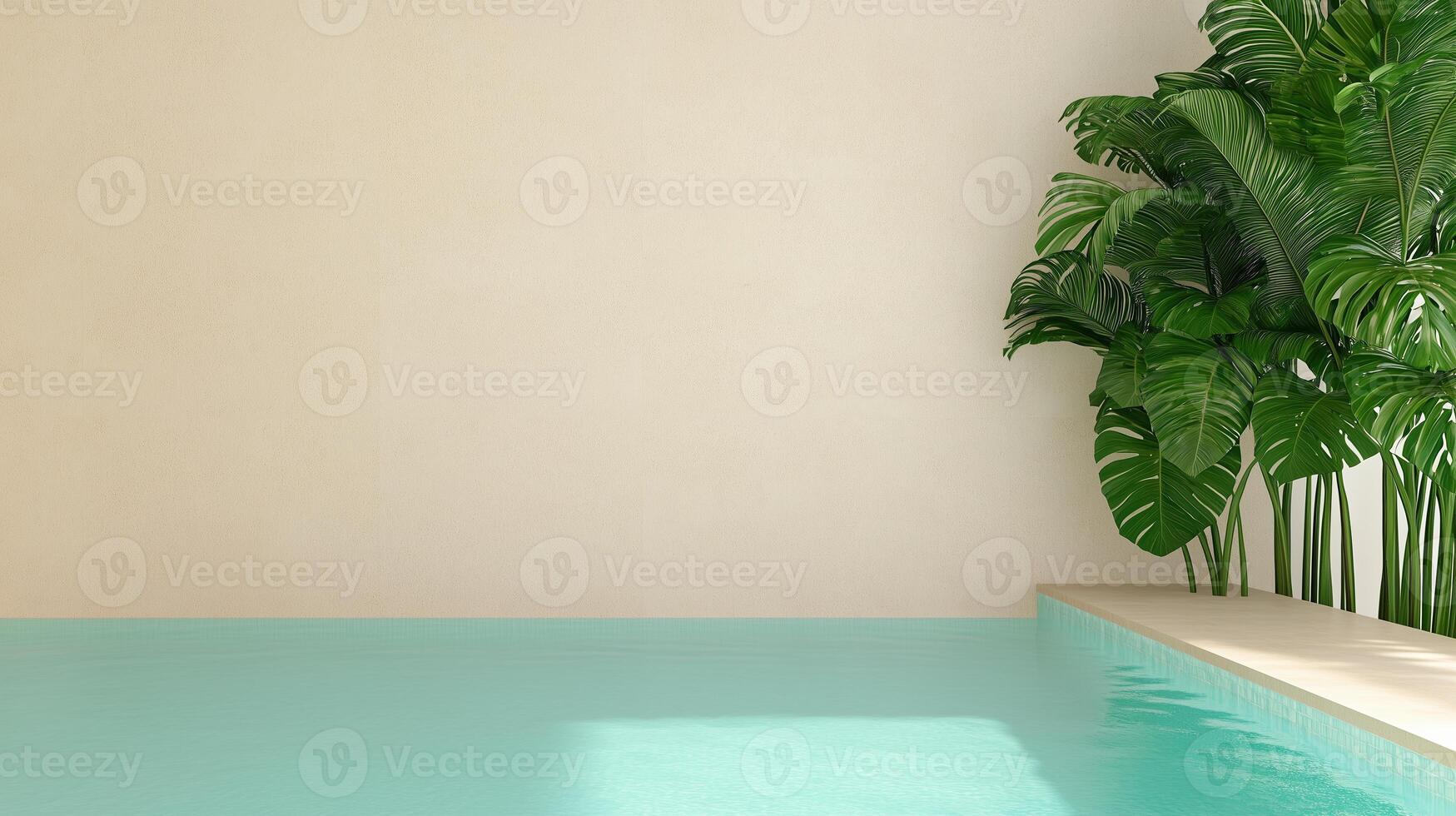 Tranquil Indoor Pool Area with Lush Tropical Plants and Serene Atmosphere, Ideal for Relaxation and Wellness Design Concepts in Contemporary Architectural Spaces photo