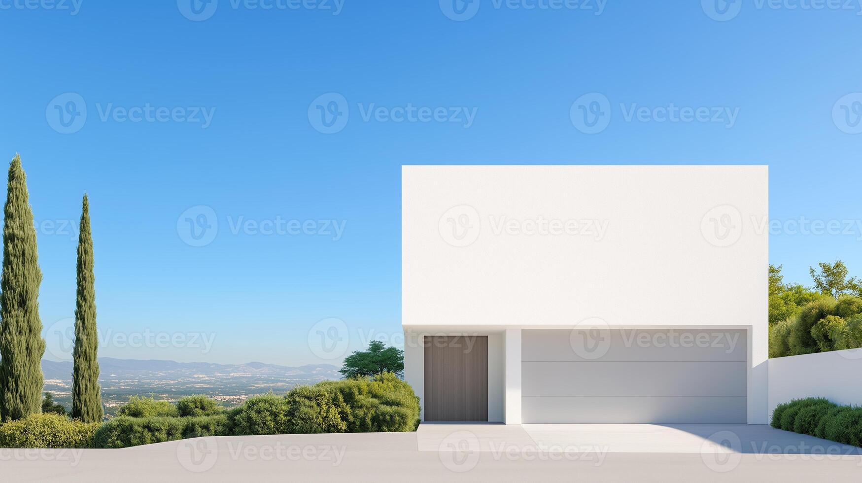 Modern Minimalist White House With Garage and Clear Blue Sky in Suburban Setting for Architectural Design Inspiration and Real Estate Concepts Highlighting Simplicity and Contemporary Style photo