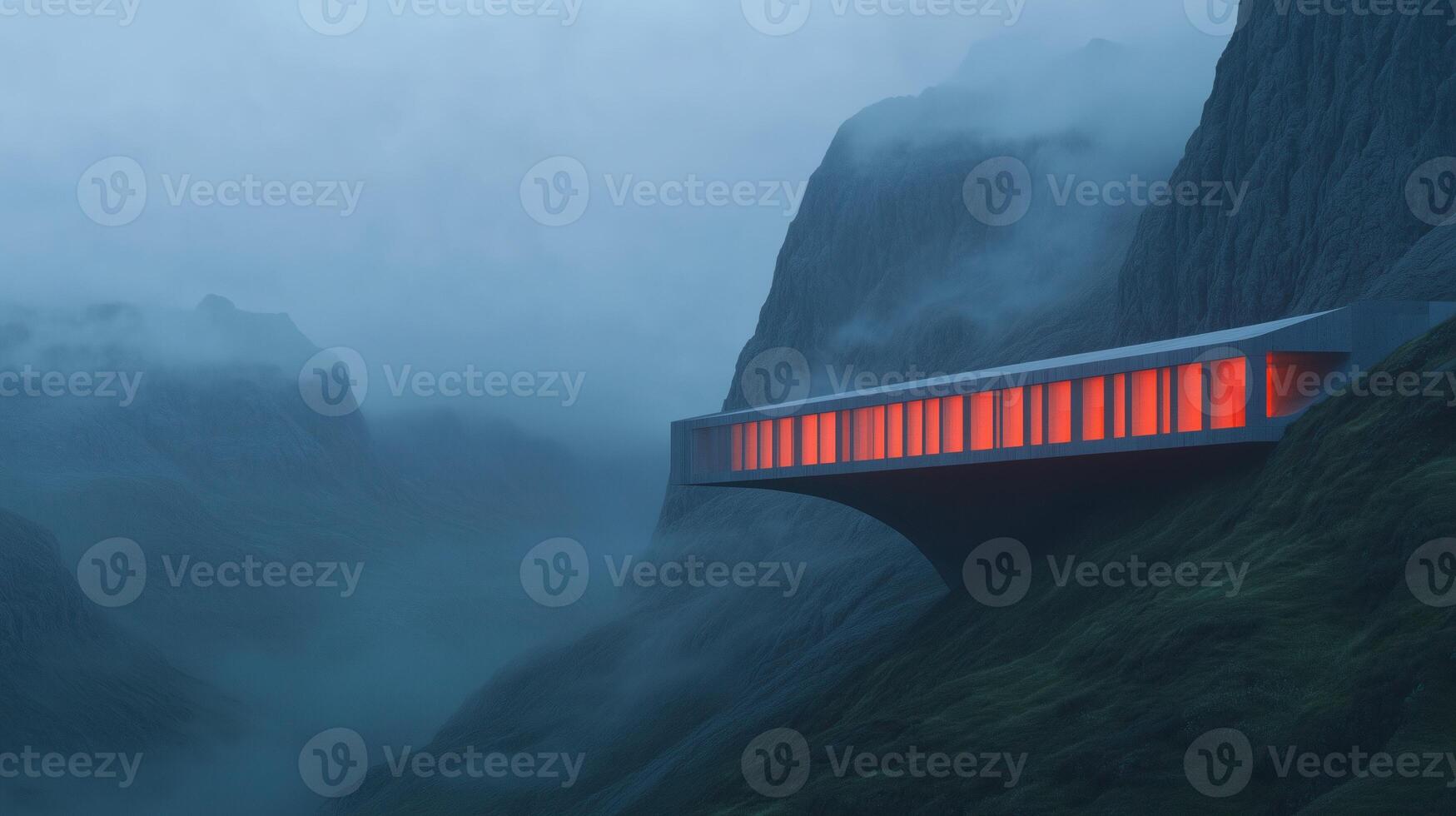 Futuristic Trapeze Building Illuminated in Misty Mountainous Landscape at Twilight with Mysterious Glow and Architectural Innovation Exemplifying Modern Design Amidst Natural Surroundings photo