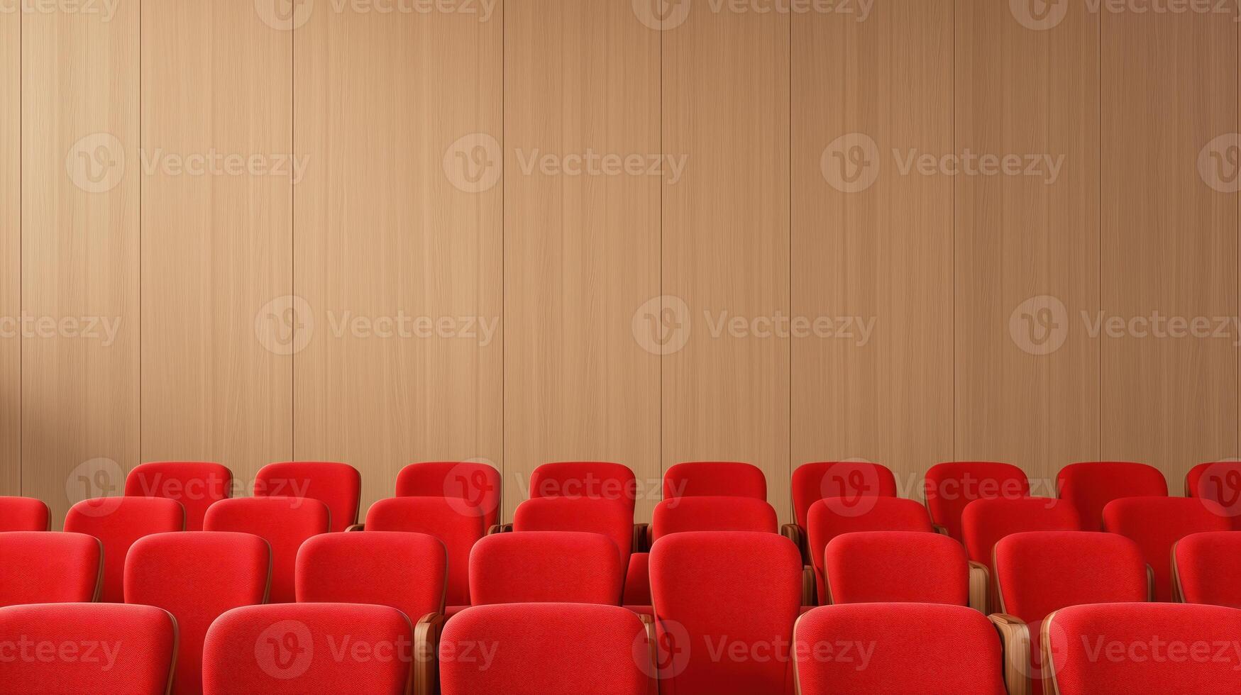 Modern Auditorium with Red Seats and Wooden Panels in Contemporary Design Capturing Seating Arrangement and Minimalist Style for Architectural and Conference Use photo