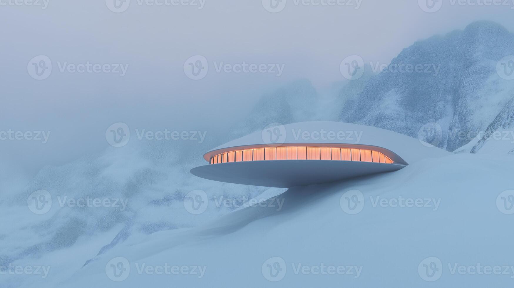 Futuristic Trapeze-Shaped Building with Warm Lighting in Snowy Mountainous Landscape Creating a Surreal and Otherworldly Atmosphere for Modern Architecture Enthusiasts and Dreamy Dreamlike Scenes photo