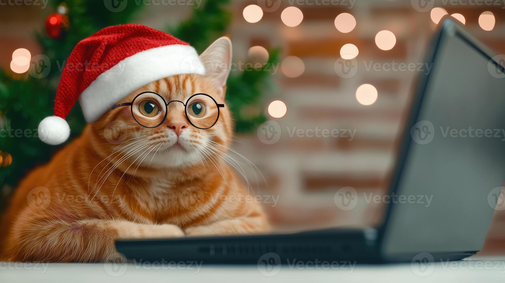 Adorable Ginger Cat Wearing Santa Hat and Glasses Using Laptop During Christmas, Surrounded by Festive Lights and Christmas Tree, Capturing Seasonal Joy and Holiday Technology Interaction photo
