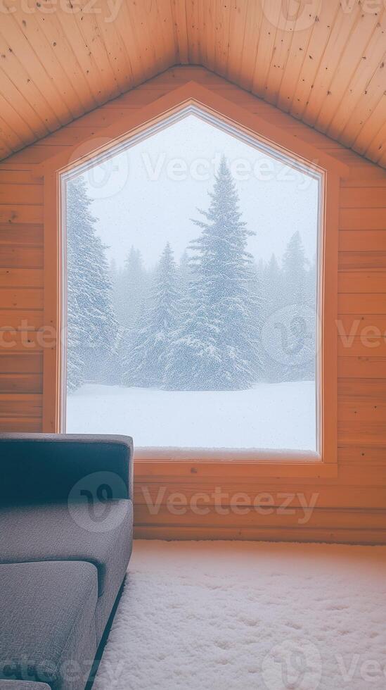 Cozy Cabin Interior With Snowfall View Through Hexagonal Window During Wintertime Creating Serene Atmosphere Featuring Wooden Walls Modern Couch And Snow Covered Evergreen Trees photo