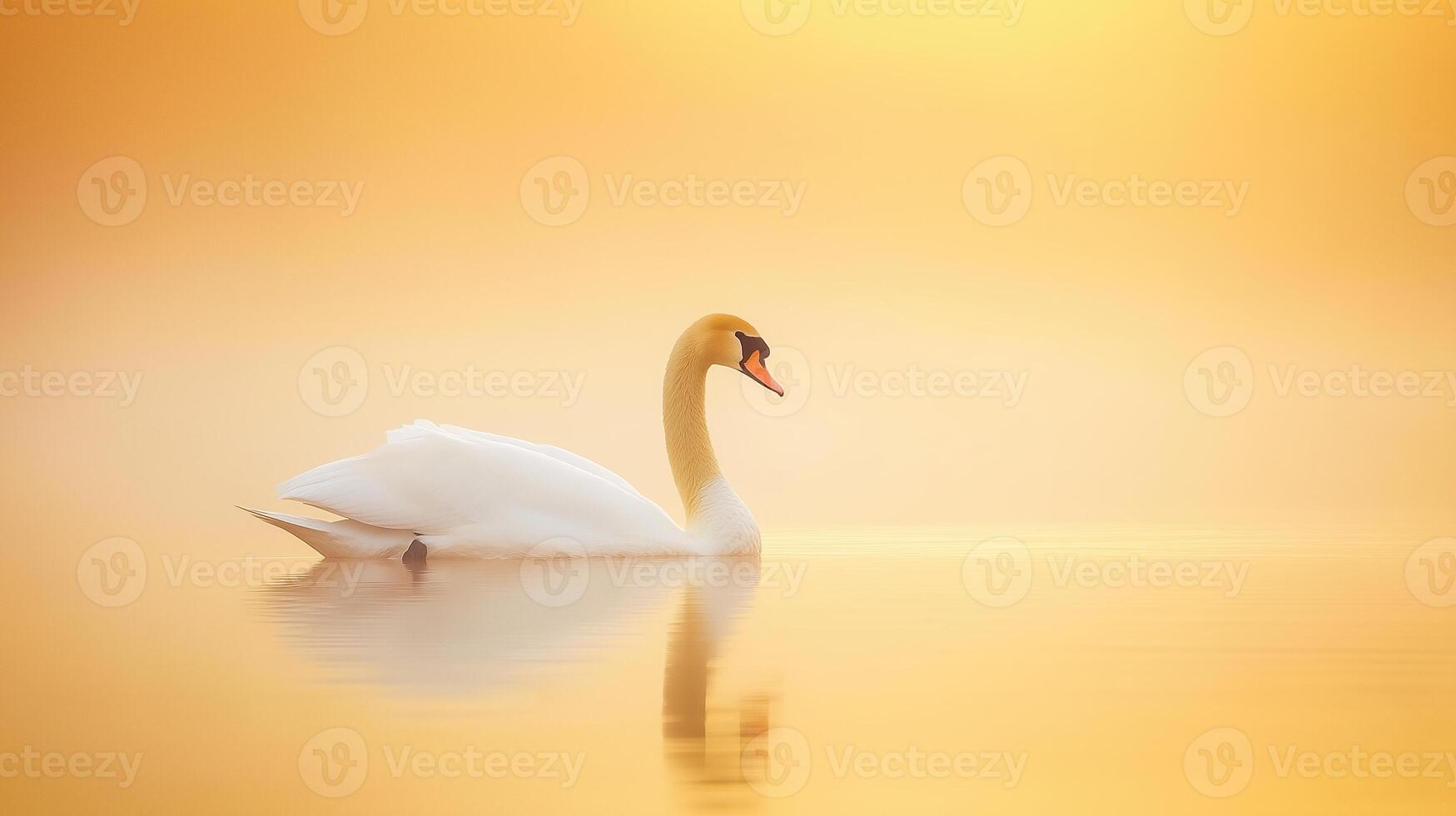 Majestic Swan Gliding Across Tranquil Lake at Golden Sunset Creates Ethereal Atmosphere with Soft Reflections and Warm Tones Ideal for Nature Calm Serenity and Peaceful Mood in Photography photo