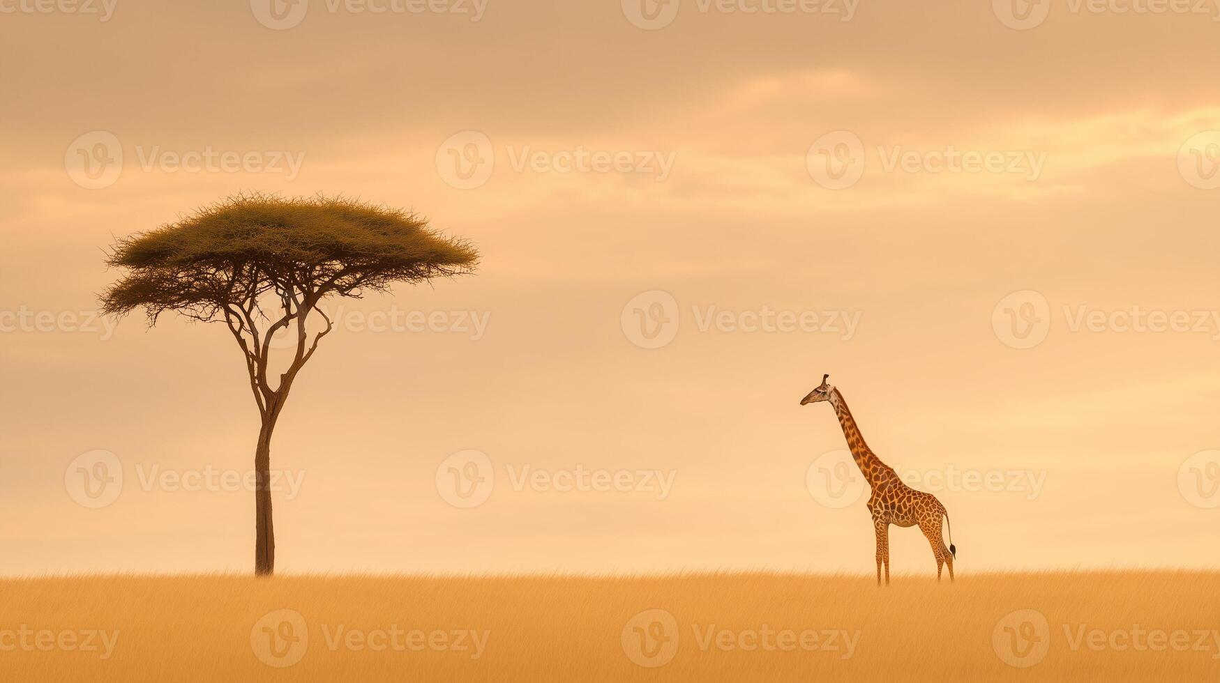 Giraffe Reaching Up to Eat Leaves from Tall Tree Against Golden African Savanna Sunset with Lone Acacia Tree in Background, Stunning Wildlife Scene with Warm Color Palette photo