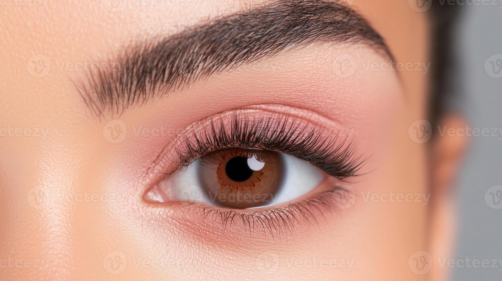 Close Up of Brown Woman Eye with Makeup Featuring Eyebrow and Lashes in High Detail Captures Elegance and Beauty Trends in Modern Makeup Focusing on Eye Detail and Cosmetic Enhancement photo