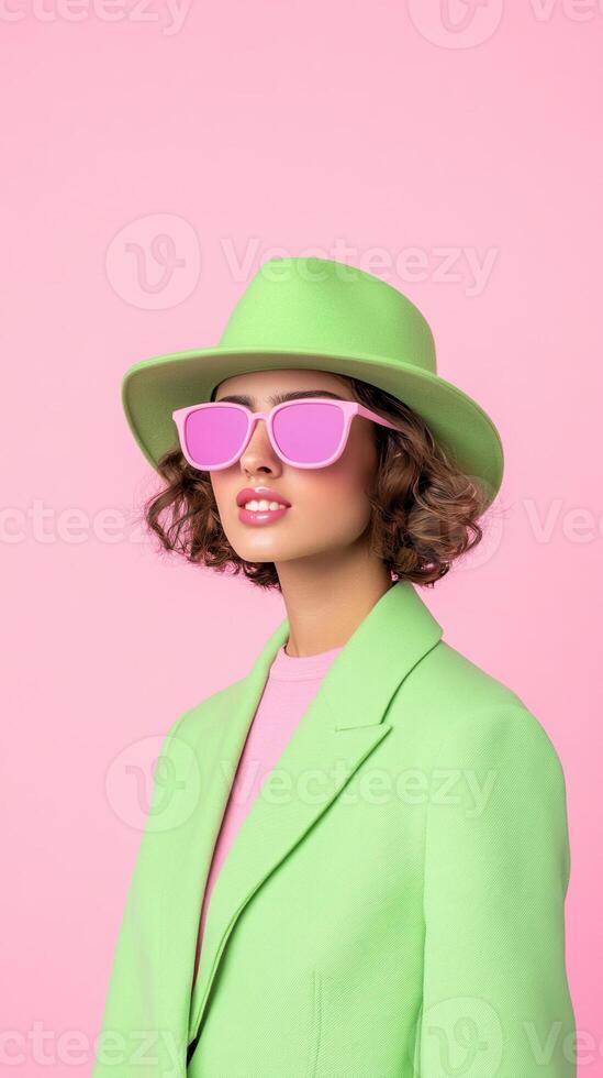 Woman in Stylish Green Outfit with Pink Sunglasses on Pink Background Emphasizing Fashion and Colorful Style Vlog Design for Influencers and Social Media Engagement photo