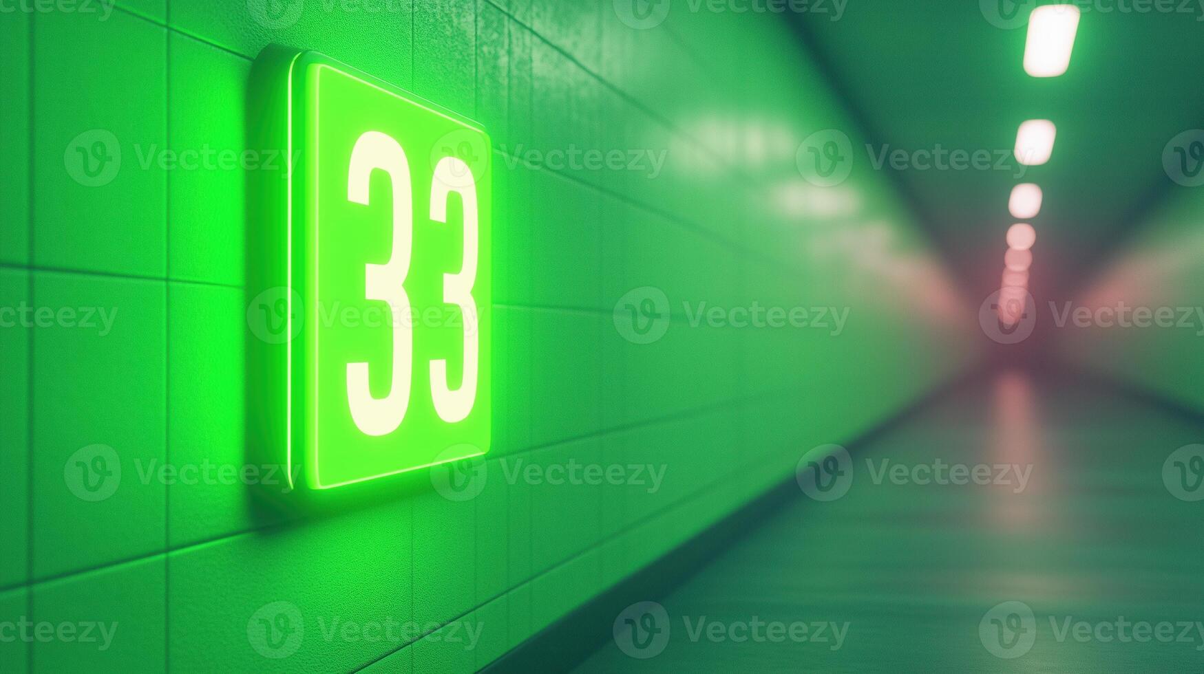 Futuristic Corridor With Glowing Green Wall Displaying Number 33 In Neon Lights And Sleek Design Perfect For Modern Technology And Innovation Concepts photo