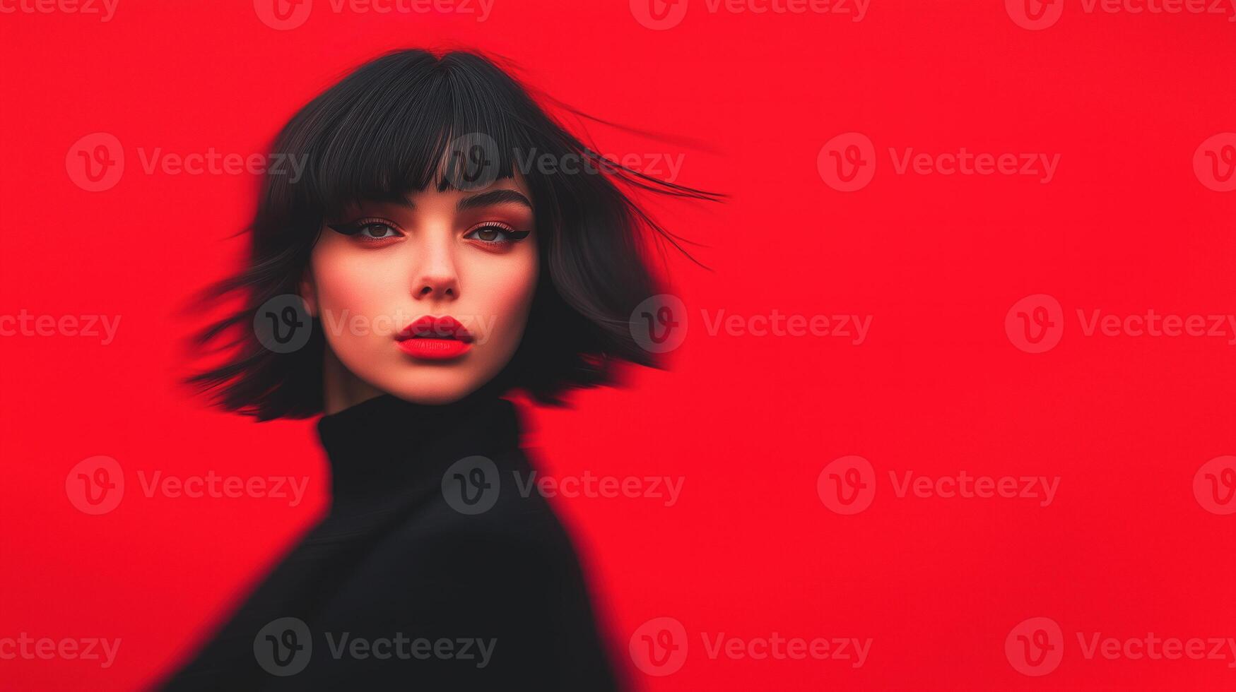Portrait of a woman with short black hair and red lipstick against a vibrant red background. Fashion editorial style photo