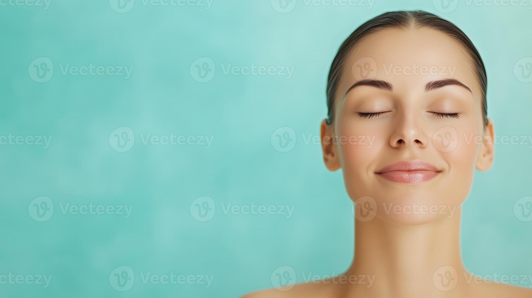 Serene Woman with Closed Eyes Relaxing Against a Turquoise Background at a Luxurious Spa, Emphasizing Tranquility and Self-Care in a Wellness Setting, Featuring Smooth Skin and Relaxed Expression photo