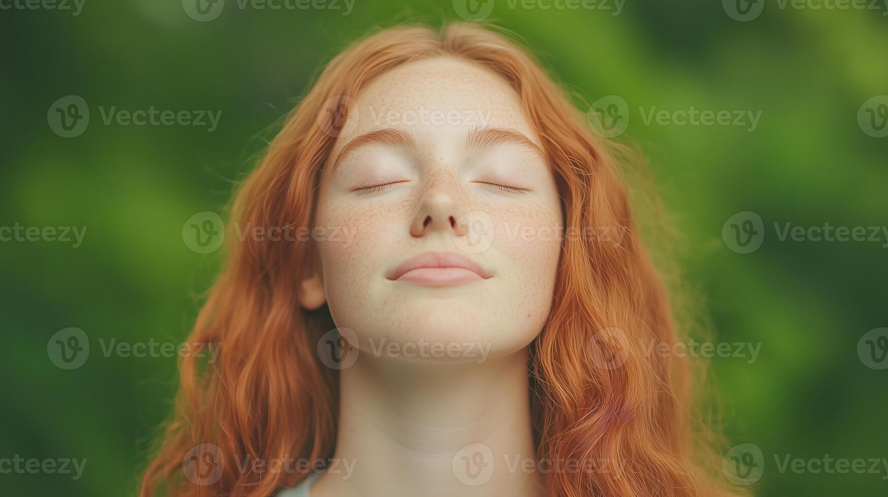 Close Up of Serene Young Woman with Red Hair Breathing Deeply Outdoors in Lush Green Setting in Summer for Calm and Relaxation Concept in Portrait Photography photo