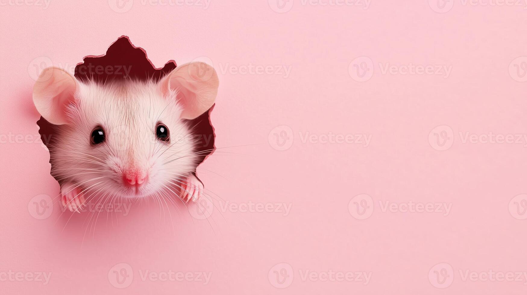 Cute Mouse Peeking Out of Hole in Pink Wall for Whimsical Illustration, Rodent Concept, Minimalist Design, Children's Decor, Charming Animal Theme, Soft Pastel Background, Playful Art Style photo