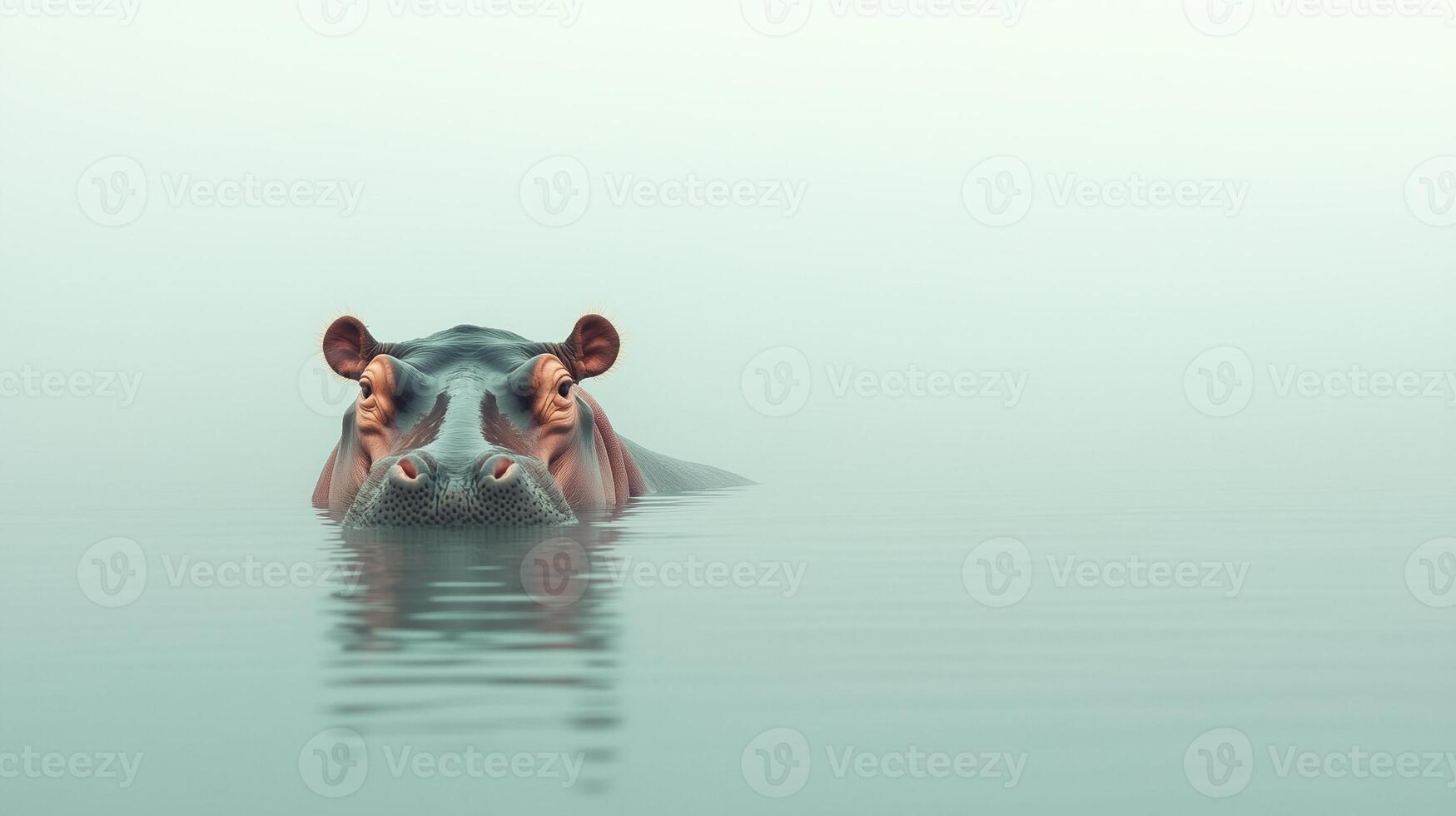 Hippo Partially Submerged in Tranquil Water with Eyes and Ears Visible Reflecting in Misty Calm Surface Minimalist Nature Scene photo