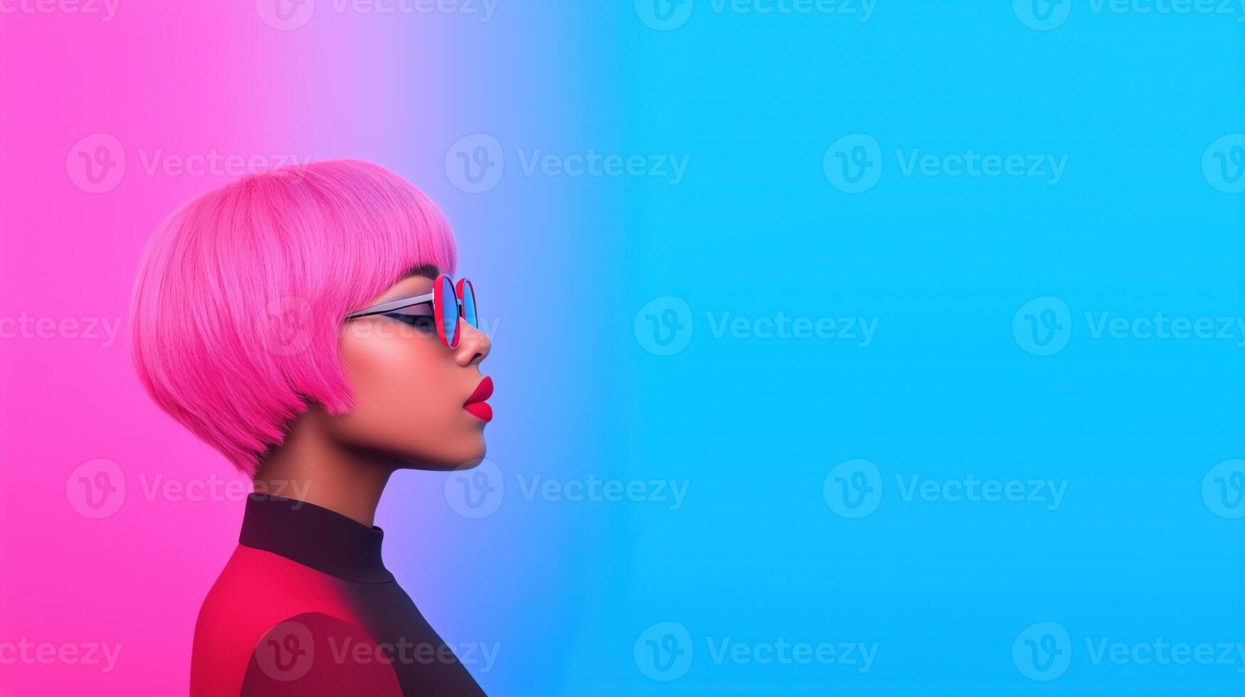 Gender Fluid Individual with Vibrant Pink Hair in Profile Against Gradient Pink Blue Backdrop Reflecting Diversity and Expression photo