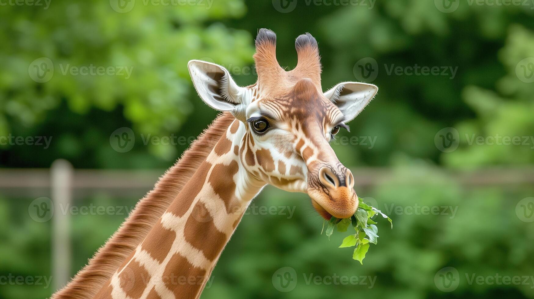 Giraffe Extending Neck to Eat Leaves from Tall Tree in Lush Green Forest Setting, Wildlife Close-Up with Focus on Natural Patterns and Enchanting Summer Environment for Nature Enthusiasts photo