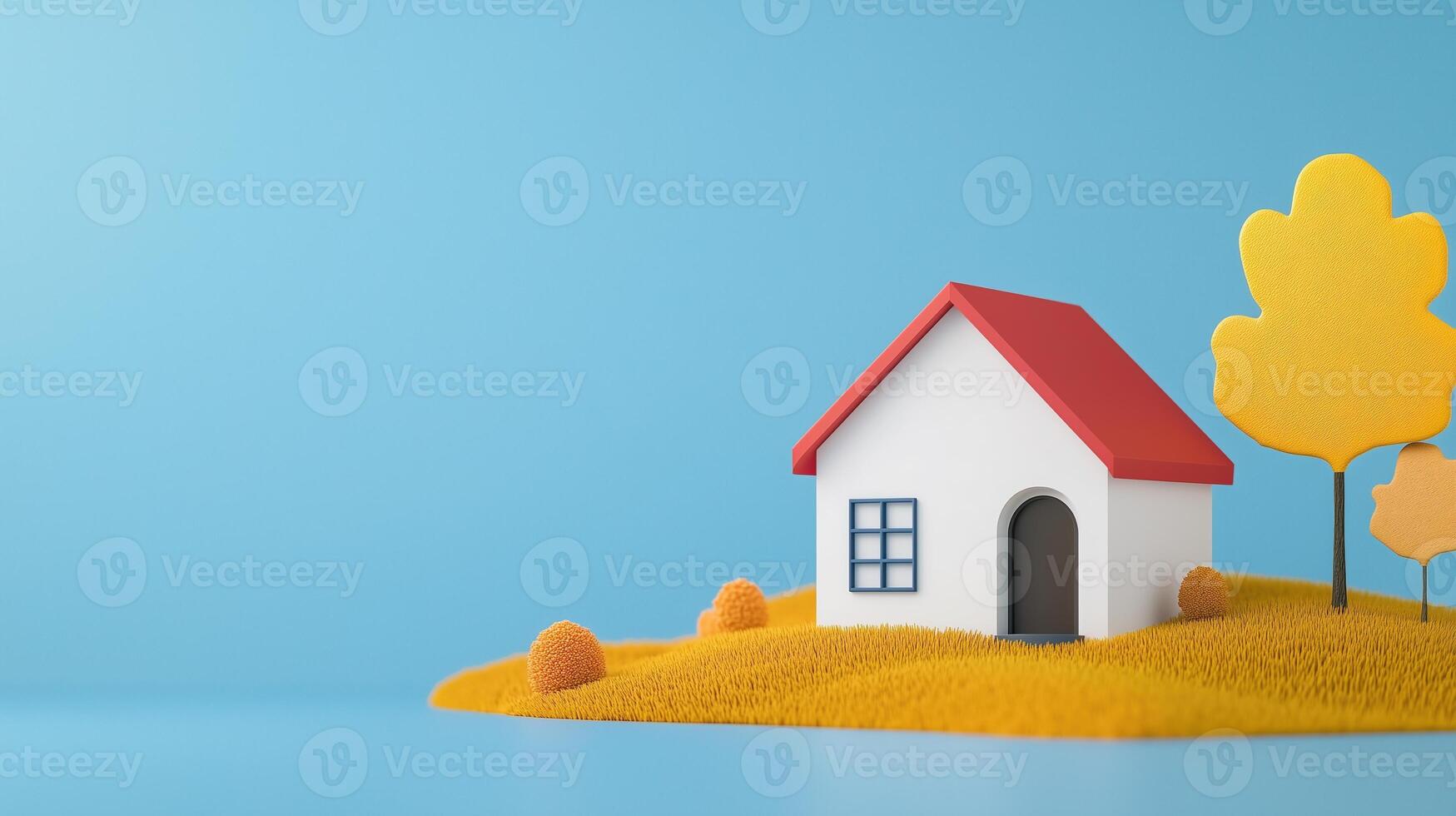 Modern House Model on Autumn Landscape in Animation Style with Blue Sky Background and Yellow Foliage Evoking Seasonal Change and Minimalist Design for Creative and Architectural Projects photo