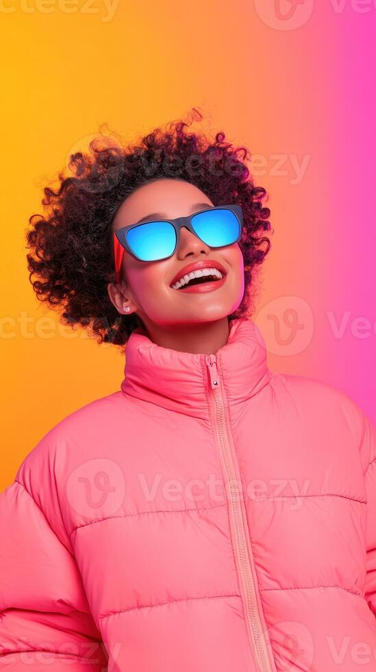 Vibrant 90s Party Vibe With Carefree Youth in Funky Pink Jacket and Blue Sunglasses, Joyful Smile Against Colorful Gradient Background Celebrating Retro Style and Fun Fashion Trends photo