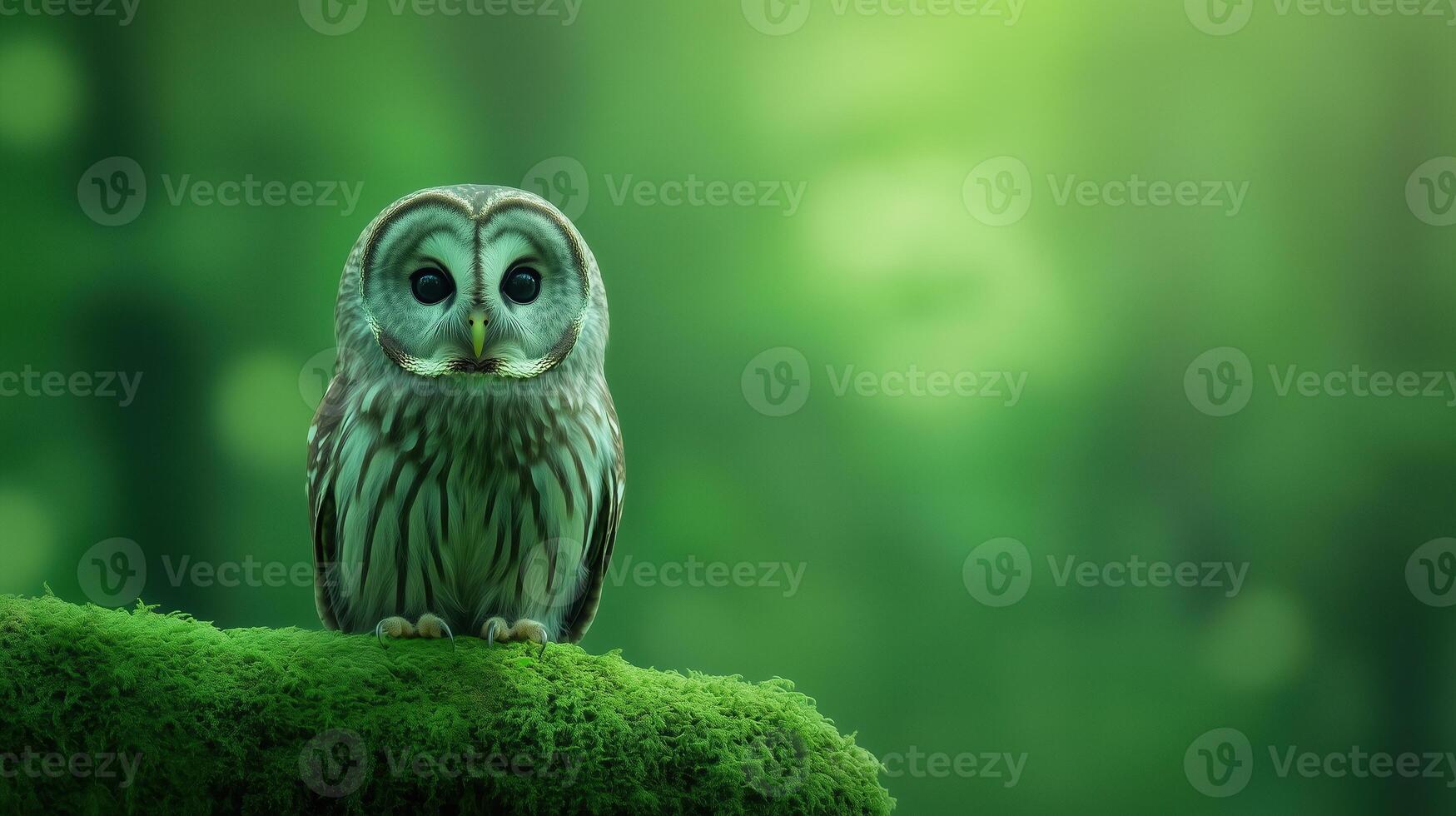 Wise Old Owl Perched on Moss-Covered Branch in Dense Forest with Soft Green Hue and Gentle Light, Capturing Nature's Tranquility, Ideal for Wildlife and Nature-Themed Designs photo